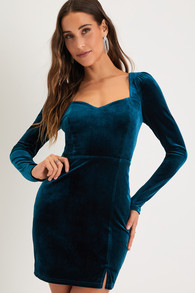 Fabulous Mood Dark Teal Velvet Long Sleeve Bodycon Mini Dress 1