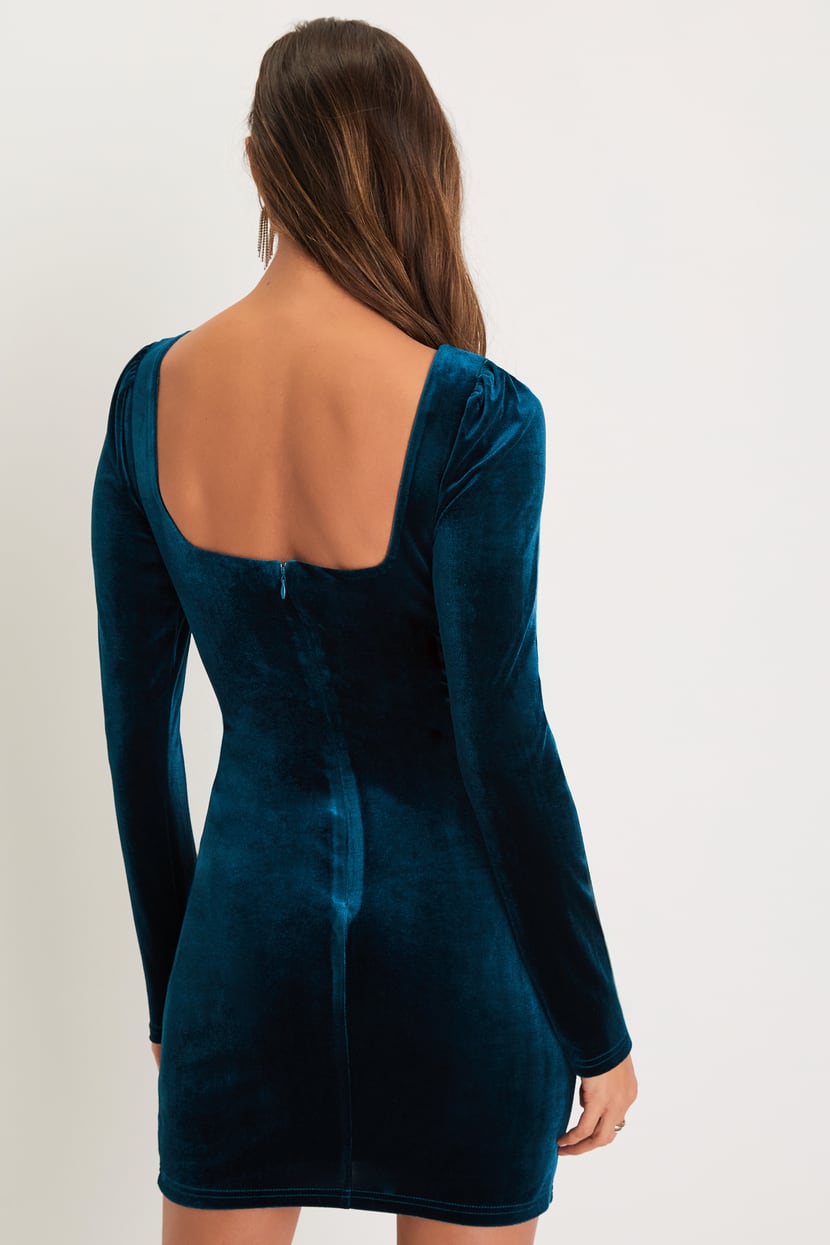 Teal Velvet Long Sleeve Bodycon Mini Dress | Womens | X-Large | 100% Polyester | Lulus | Homecoming | Holiday Dresses