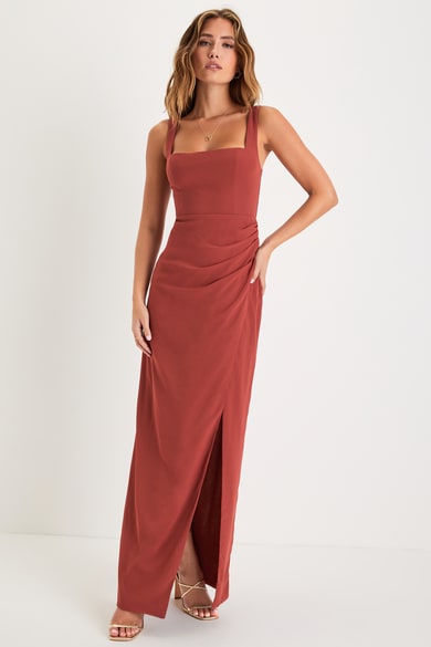 Under the Moonlight Rust Orange Satin Jacquard Maxi Dress