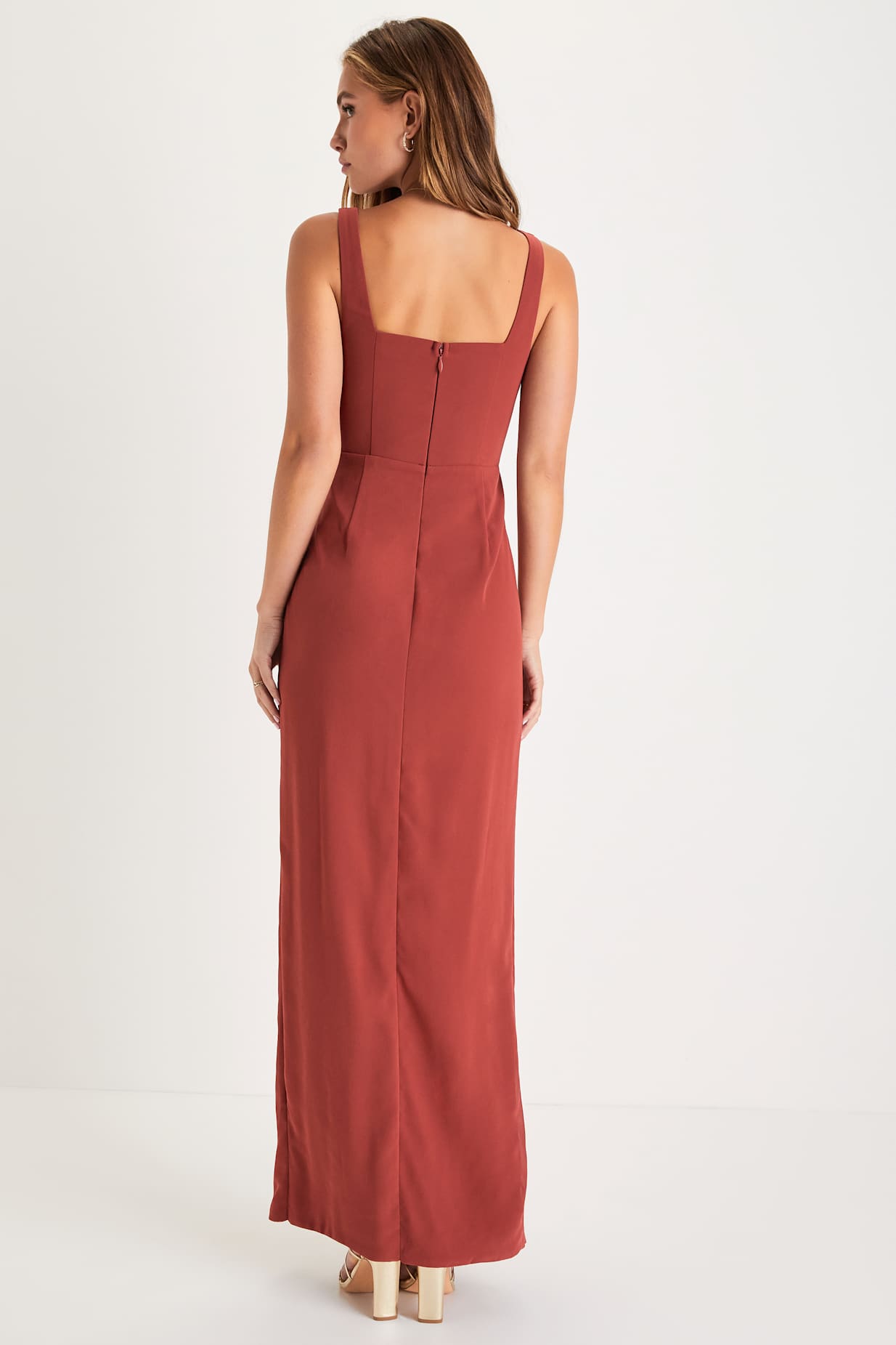 Glamorous Disposition Rust Ruched Maxi Dress