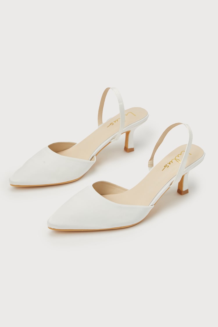 Leith White Satin Kitten Heel Slingback Pumps