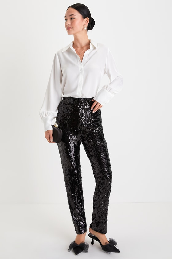 Shop Lulus Remarkable Shine Black Sequin Notched High-rise Pants