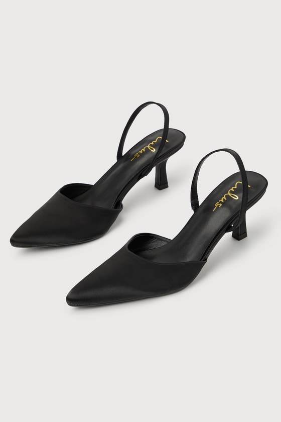 Leith Black Satin Kitten Heel Slingback Pumps 2