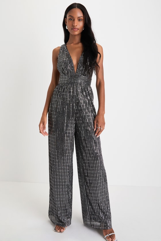 Silver Sequin Jumpsuit - Wide-Leg Jumpsuit - Twist Back Jumpsuit - Lulus