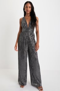 Ailey Silver and Black Sequin Twist Back Wide Leg Jumpsuit