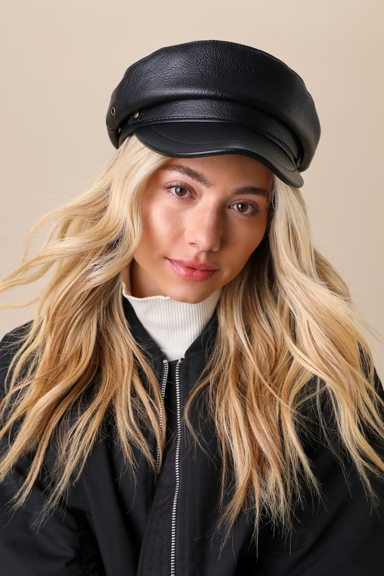 Faux Leather Baker Boy Cap - Black Baker Boy Cap - Black Hat  display picture 2