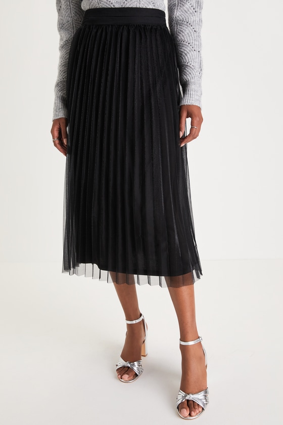 Cute Black Midi Skirt - Shiny Lurex Skirt - Pleated A-Line Skirt - Lulus