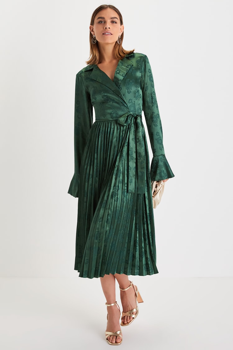 Emerald Midi Dress - Floral Jacquard Dress - Green Wrap Dress - Lulus