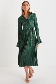 Stunning Ease Emerald Floral Jacquard Satin Wrap Midi Dress