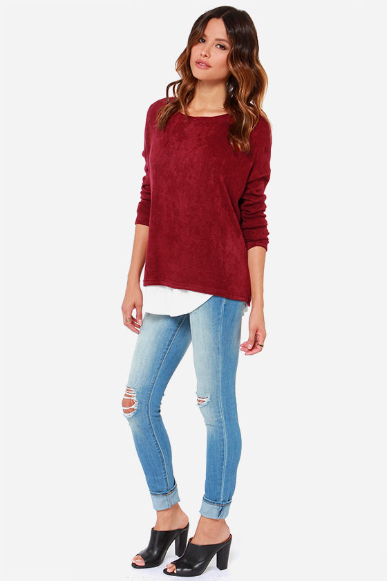 Cozy Wine Red Sweater Long Sleeve Sweater 34.00