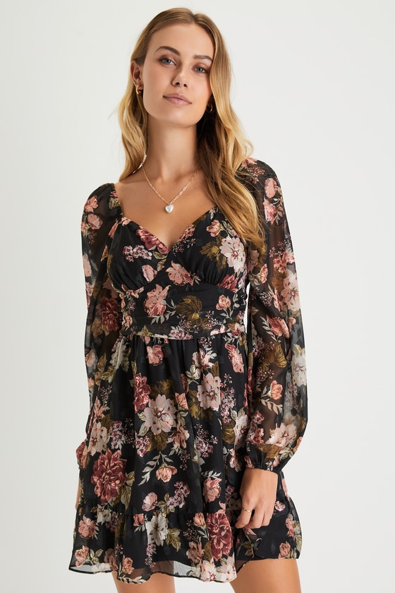 Black Floral Mini Dress - Burnout Dress - Balloon Sleeve Dress - Lulus