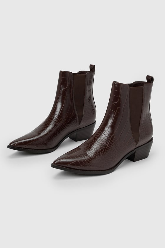 Conny Dark Chocolate Brown Crocodile-Embossed Ankle Booties 1