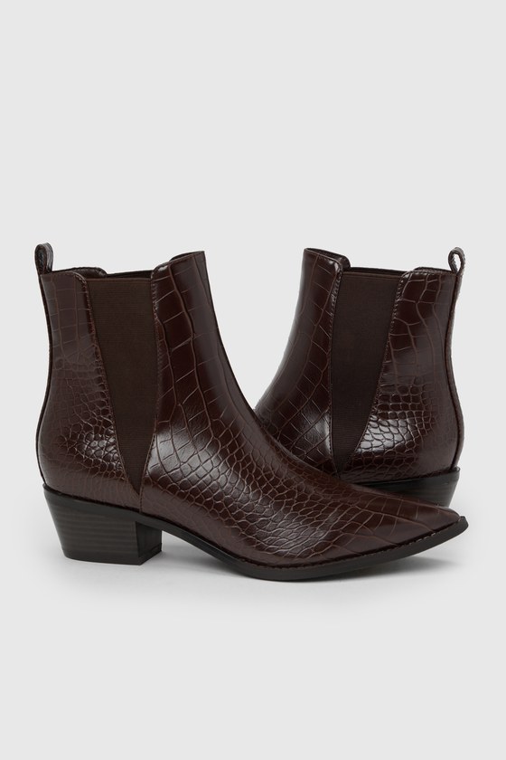 Brown Croc Embossed Boots Pull On Ankle Booties Short Boots