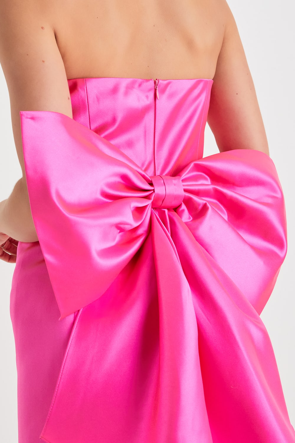 Soiree Hour Hot Pink Satin Strapless Bow Mini Dress