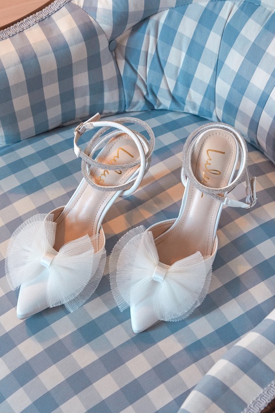 Lelanee White Satin Rhinestone Bow Ankle Strap Pumps 1