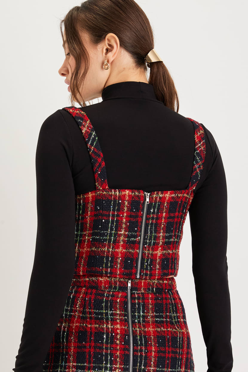 Adorably Posh Navy Blue and Red Plaid Tweed Top