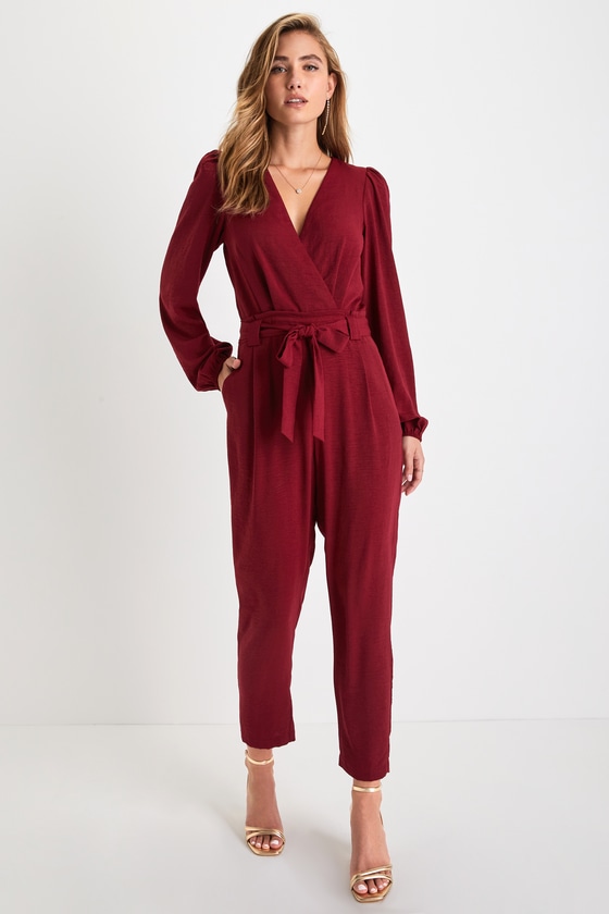 Burgundy Jumpsuit Long Sleeve Jumpsuit Slim Leg Jumpsuit Lulus