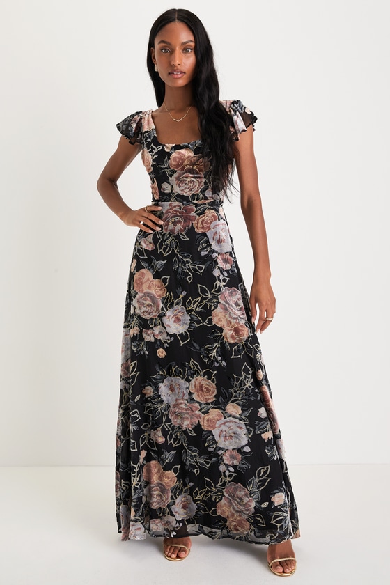 Lulus Admirable Presence Black Floral Velvet Burnout Maxi Dress