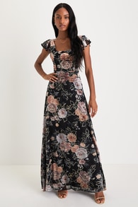Admirable Presence Black Floral Velvet Burnout Maxi Dress