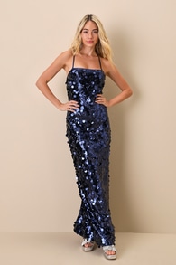 Eye-Catching Starlet Navy Blue Sequin Lace-Up Maxi Dress