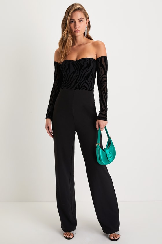 Stunning Occasion Black Burnout Velvet Off-the-Shoulder Jumpsuit 1