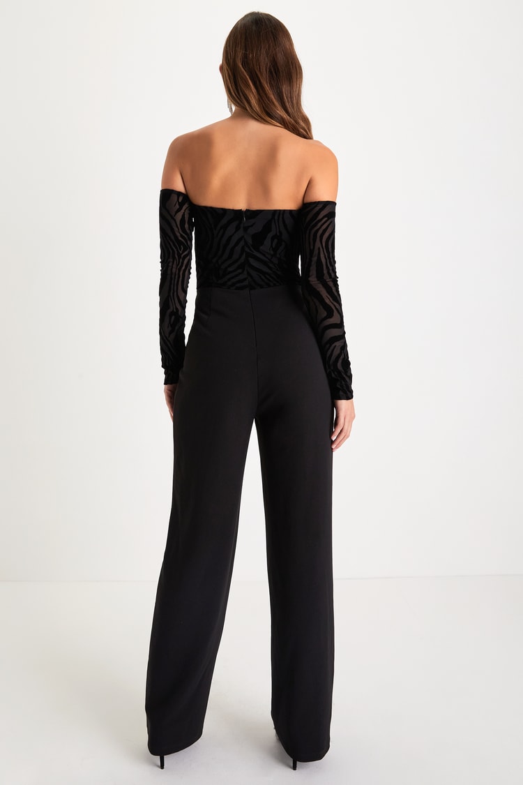 Stunning Occasion Black Burnout Velvet Off-the-Shoulder Jumpsuit