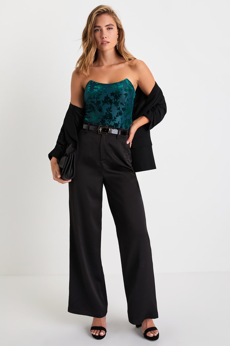 Iconic Beauty Emerald Green Velvet Floral Strapless Bodysuit