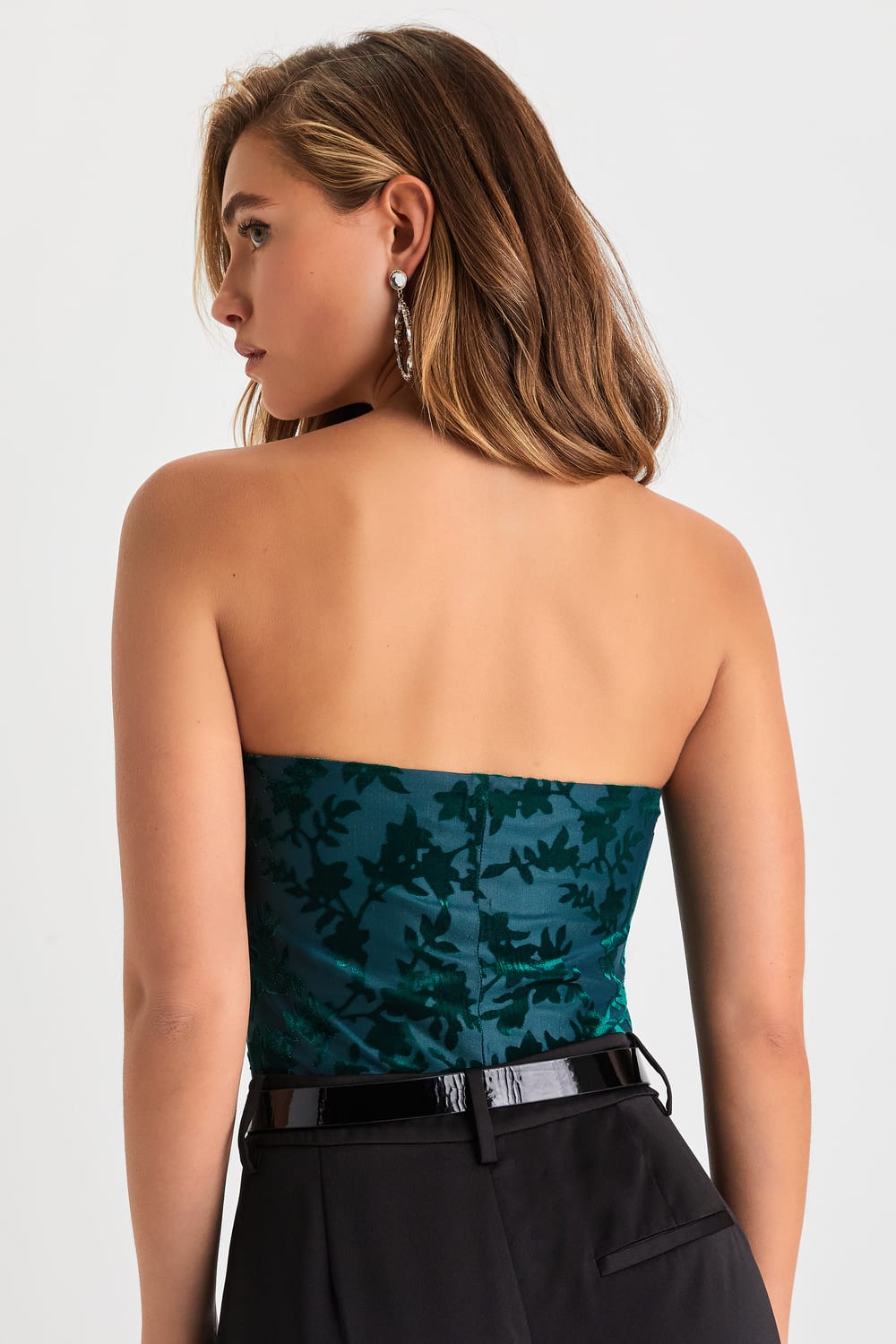 Iconic Beauty Emerald Green Velvet Floral Strapless Bodysuit