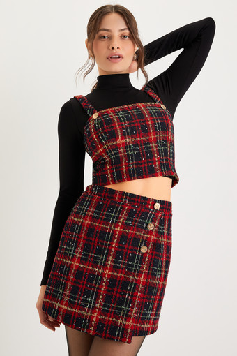 Adorably Posh Dark Navy Blue and Red Multi Faux-Wrap Mini Skirt 1