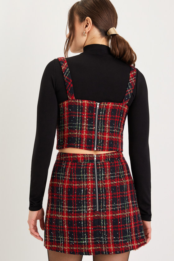 Adorably Posh Navy Blue and Red Plaid Tweed Faux-Wrap Mini Skirt