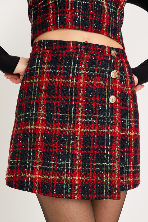 Adorably Posh Navy Blue and Red Plaid Tweed Faux-Wrap Mini Skirt
