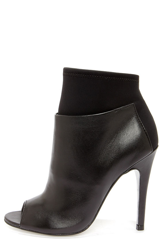 peep toe black leather booties
