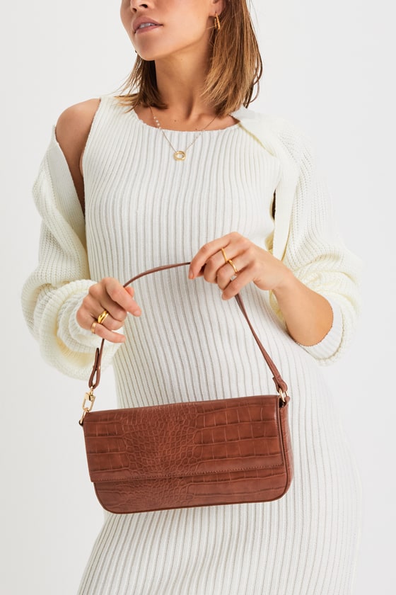 Sophisticate Style Brown Croc Embossed Shoulder Bag 1
