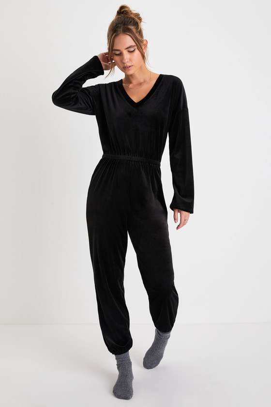 Lulus Comfy Pursuit Black Ribbed Velvet V-neck Lounge Jumpsuit