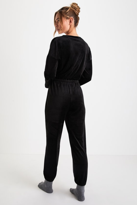 Comfy Pursuit Black Ribbed Velvet V-Neck Lounge Jumpsuit 3