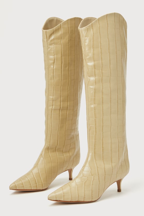Schutz Maryana Lo Almond Buff Croc-embossed Leather Knee-high High Heel Boots In Beige