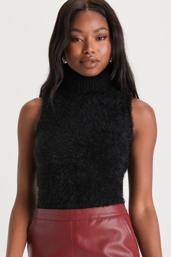 Lulus Undoubtedly Luxe Black Eyelash Knit Turtleneck Sleeveless Top