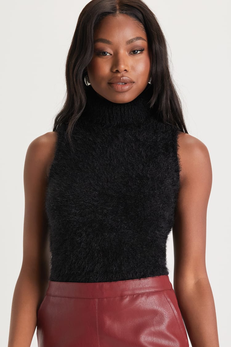 Black Eyelash Knit Top - Sleeveless Sweater Top - Turtleneck Top