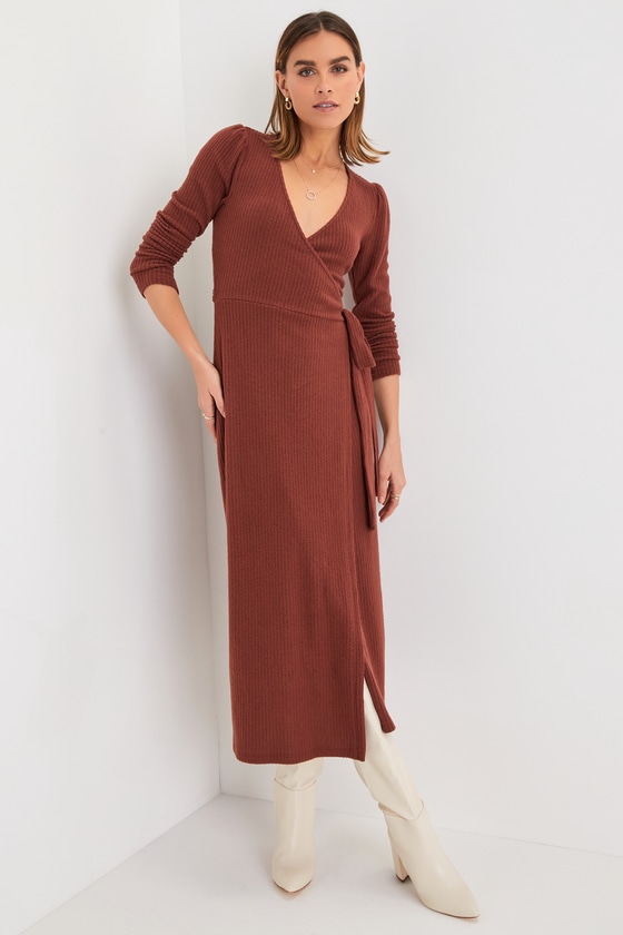 Lulus Easily Cozy Rust Ribbed Surplice Wrap Midi Sweater Dress In Brown