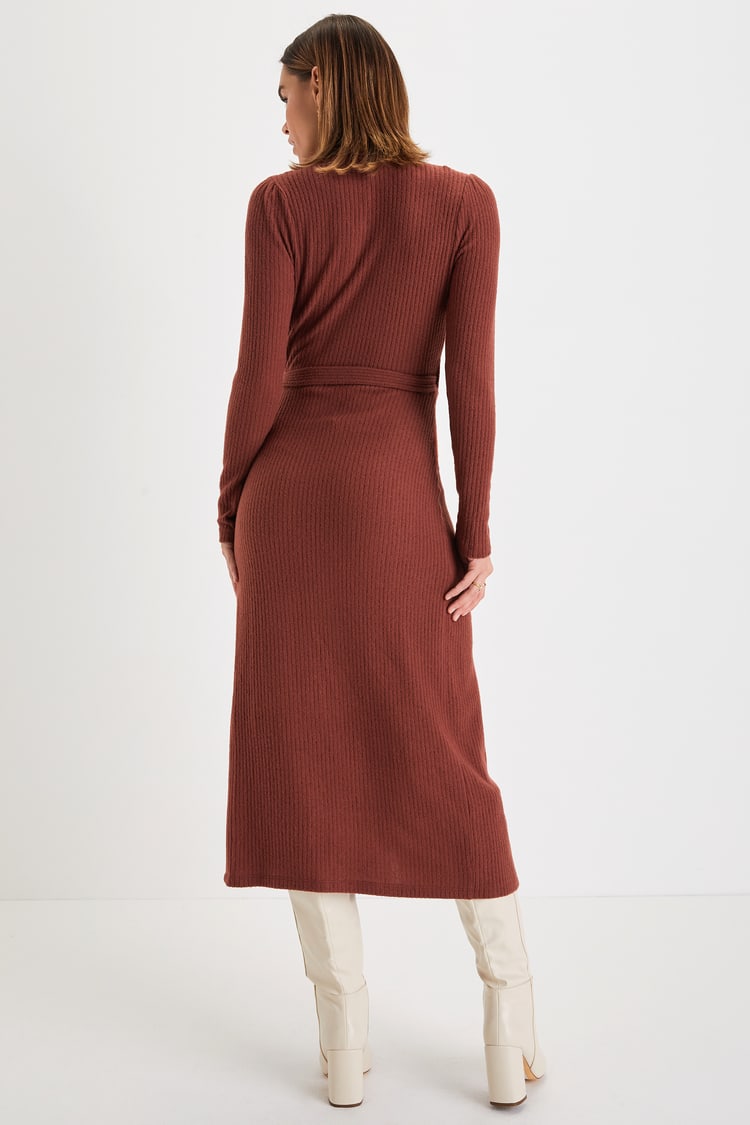 Easily Cozy Rust Ribbed Surplice Wrap Midi Sweater Dress