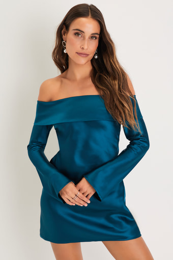 Luxurious Vision Teal Satin Off-the-Shoulder Mini Dress 1