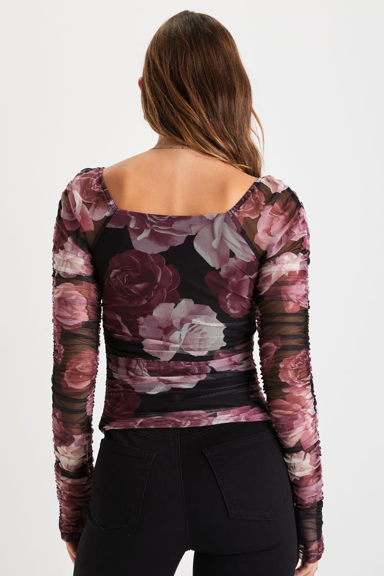 Flowering Aesthetic Black Floral Mesh Ruched Square Neck Top