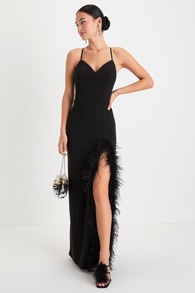Remarkable Muse Black Feather Backless Maxi Dress