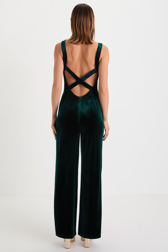 Perfectly Classy Emerald Green Velvet Strappy Jumpsuit 2