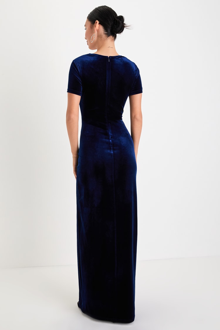 Eternal Elegance Navy Blue Velvet Short Sleeve Maxi Dress