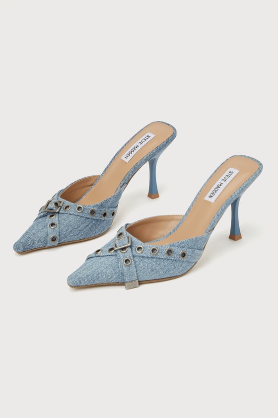 Bradi Blue Denim Buckle Pointed-Toe Mule Pumps 1