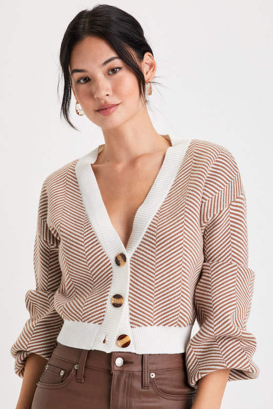 Lulus Here Comes A Holiday Brown And White Striped Button-up Cardigan
