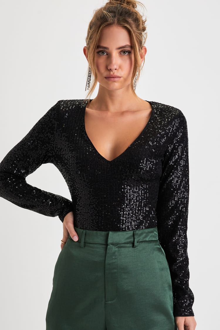 long sleeve black sequin bodysuit