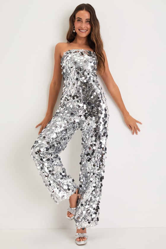 Silver Sequin Jumpsuit - Strapless Jumpsuit - Paillette Jumpsuit - Lulus