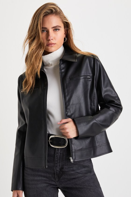 Black Moto Vegan Leather Jacket (L)